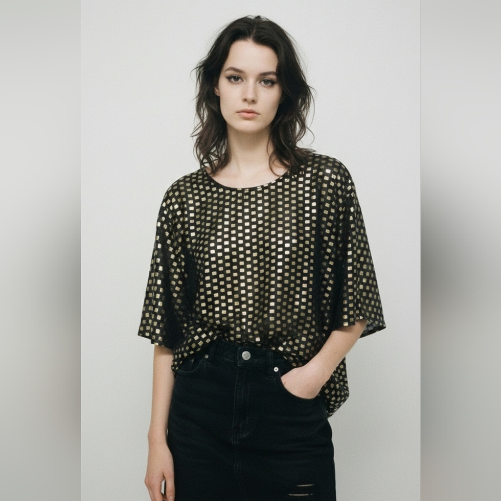 Vintage Blair Tee Blouse Black Gold Polka Dot Metallic Sheer Satin 3X